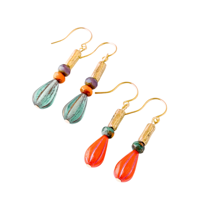 Striped Glass Drop Earrings with Gold Accents