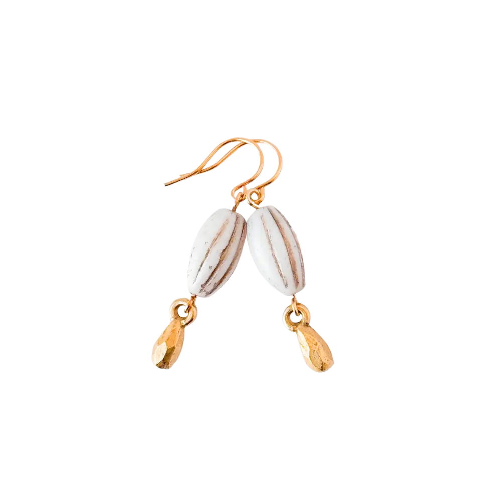 White Glass Melon Bead Drop Earrings with Gold Accents