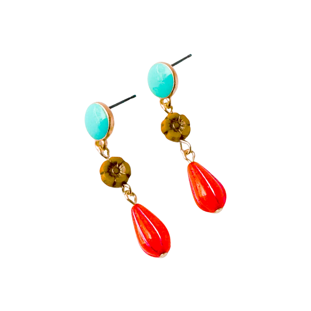 Turquoise and Coral Flower Dangle Stud Earrings