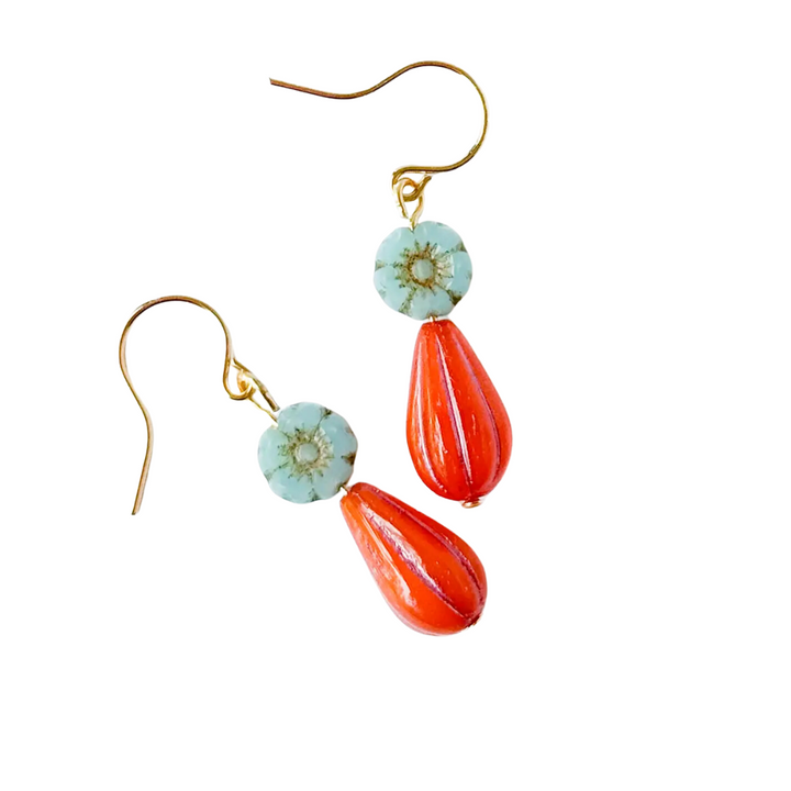 Blue and Orange Glass Flower Earrings