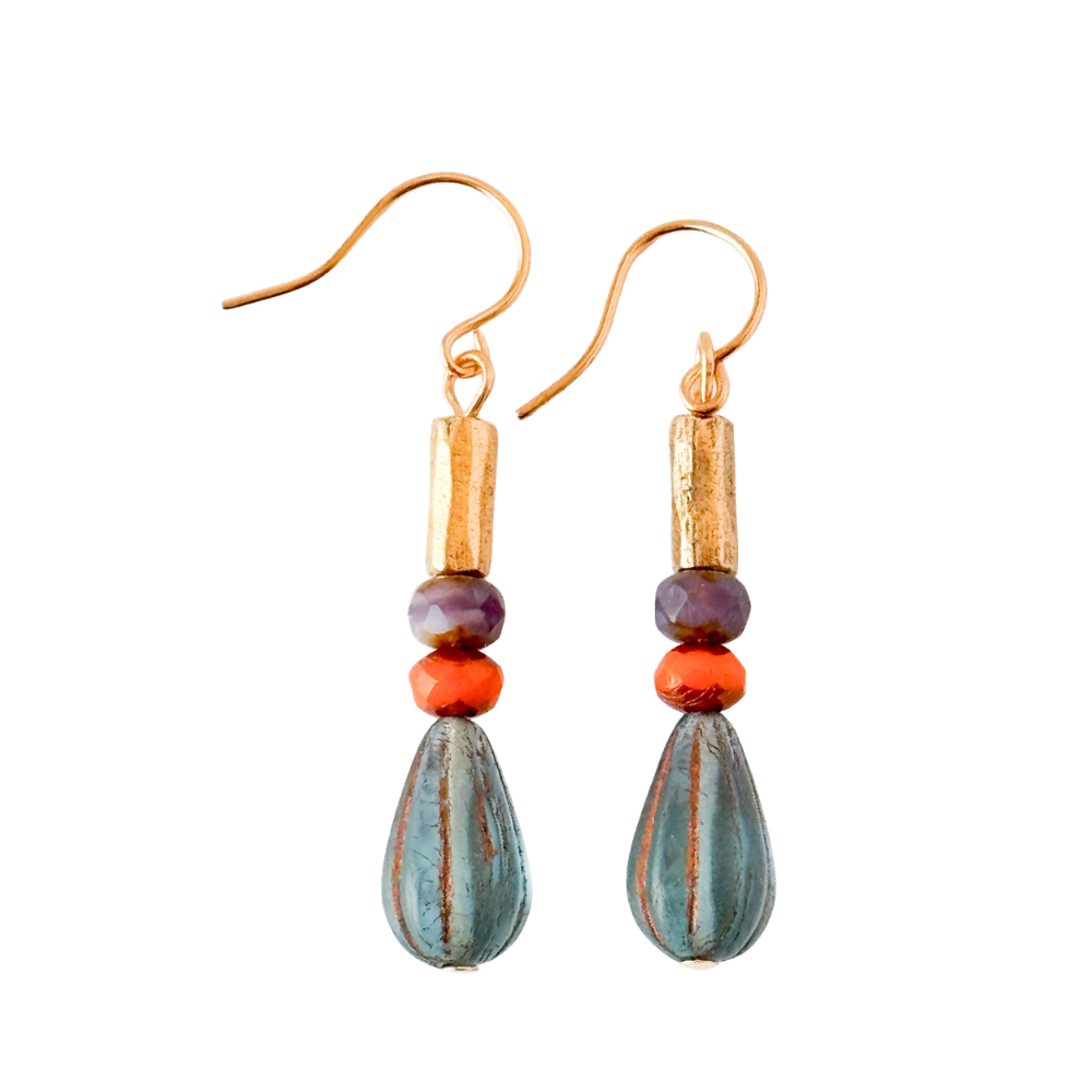 Striped Glass Drop Earrings with Gold Accents