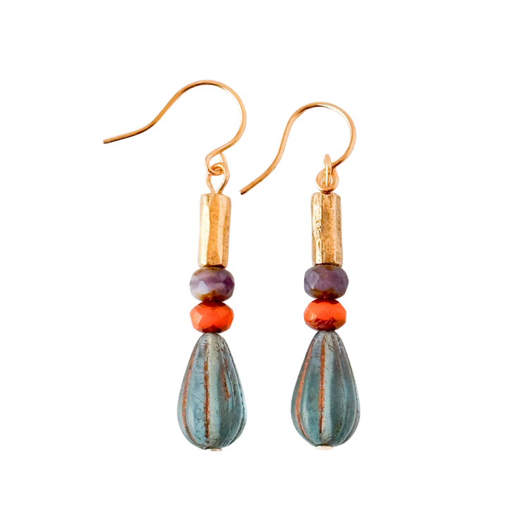 Striped Glass Drop Earrings with Gold Accents