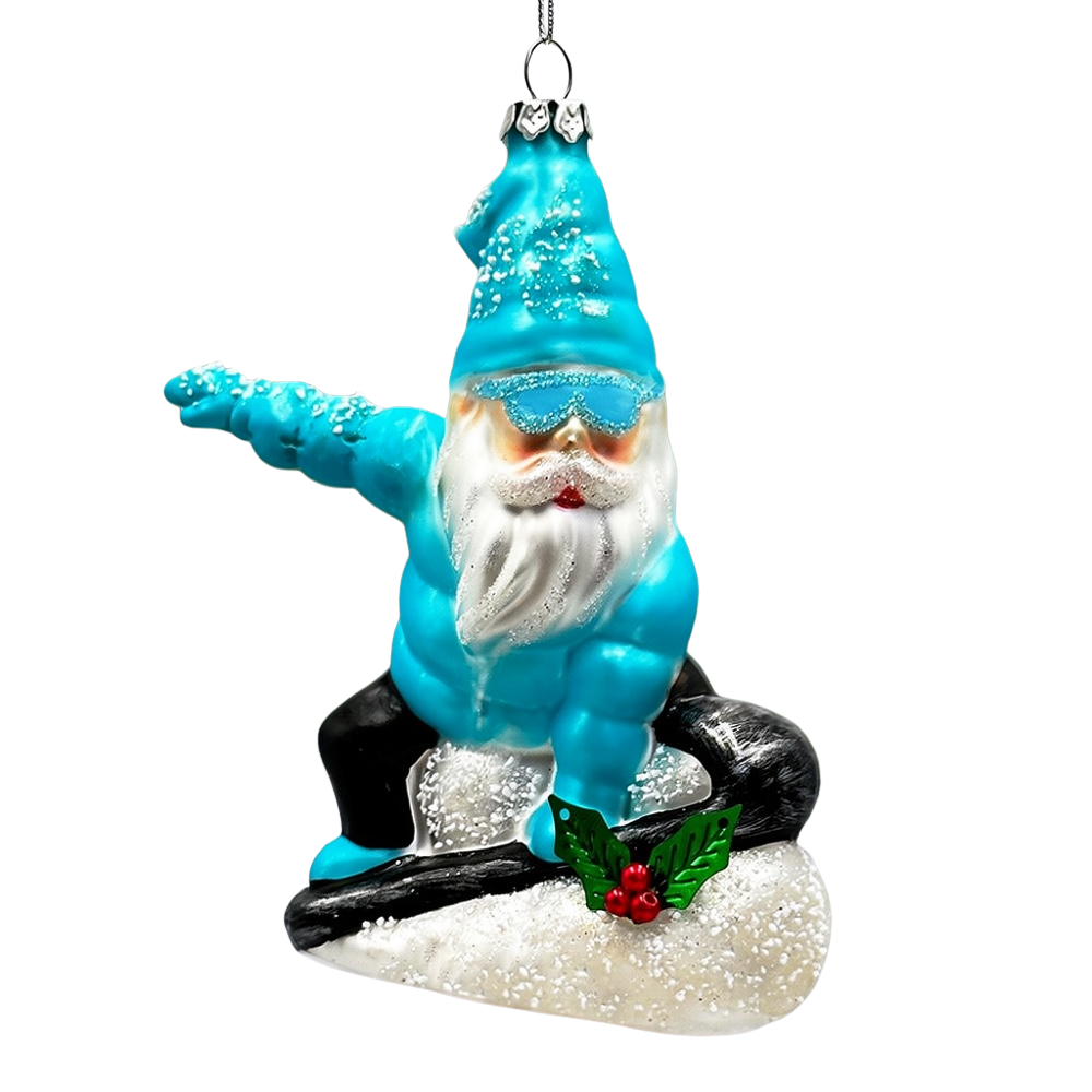 Snowboarding Gnome Glass Christmas Ornament