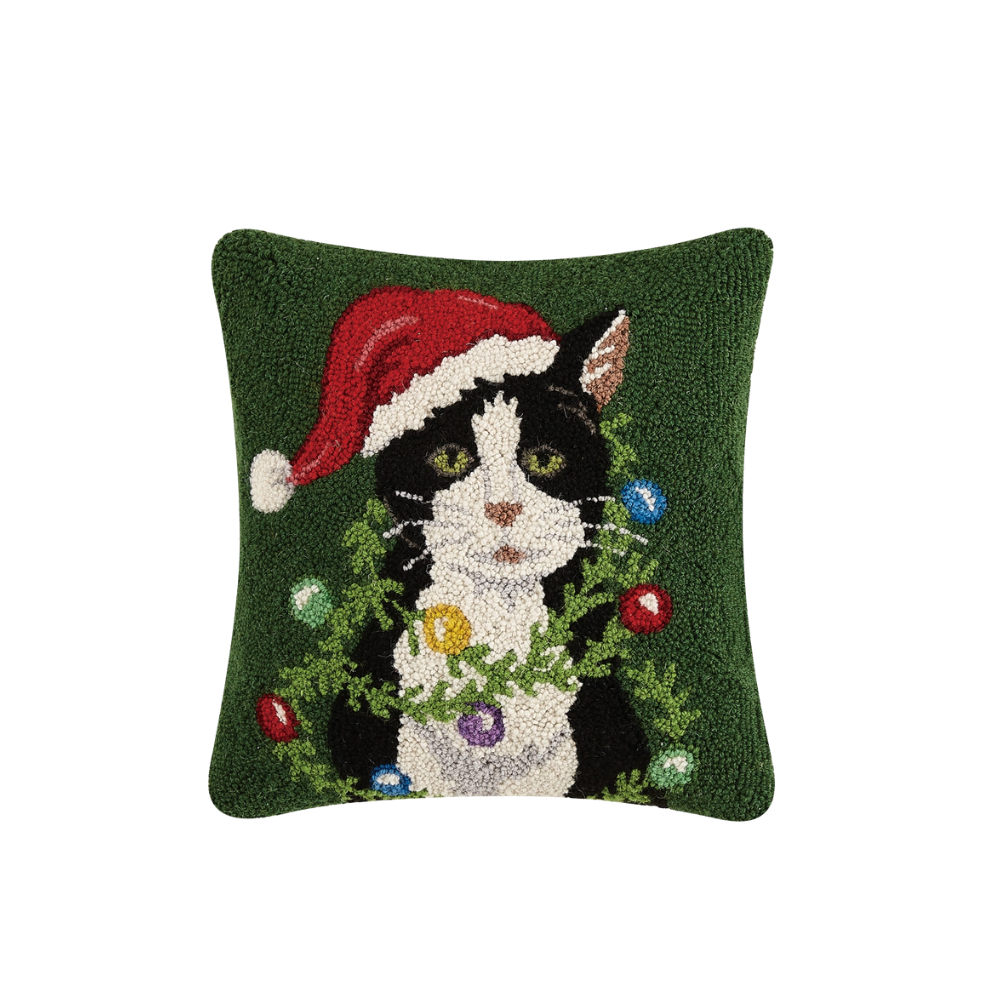 Holiday Cat Wrap Around Ornamt Wool and Cotton Hook Pillow