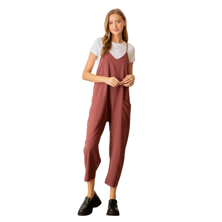 Textured Woven Pocket Front Overalls - Mahogany