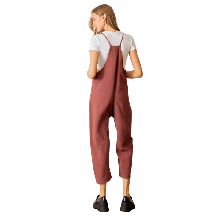 Textured Woven Pocket Front Overalls - Mahogany