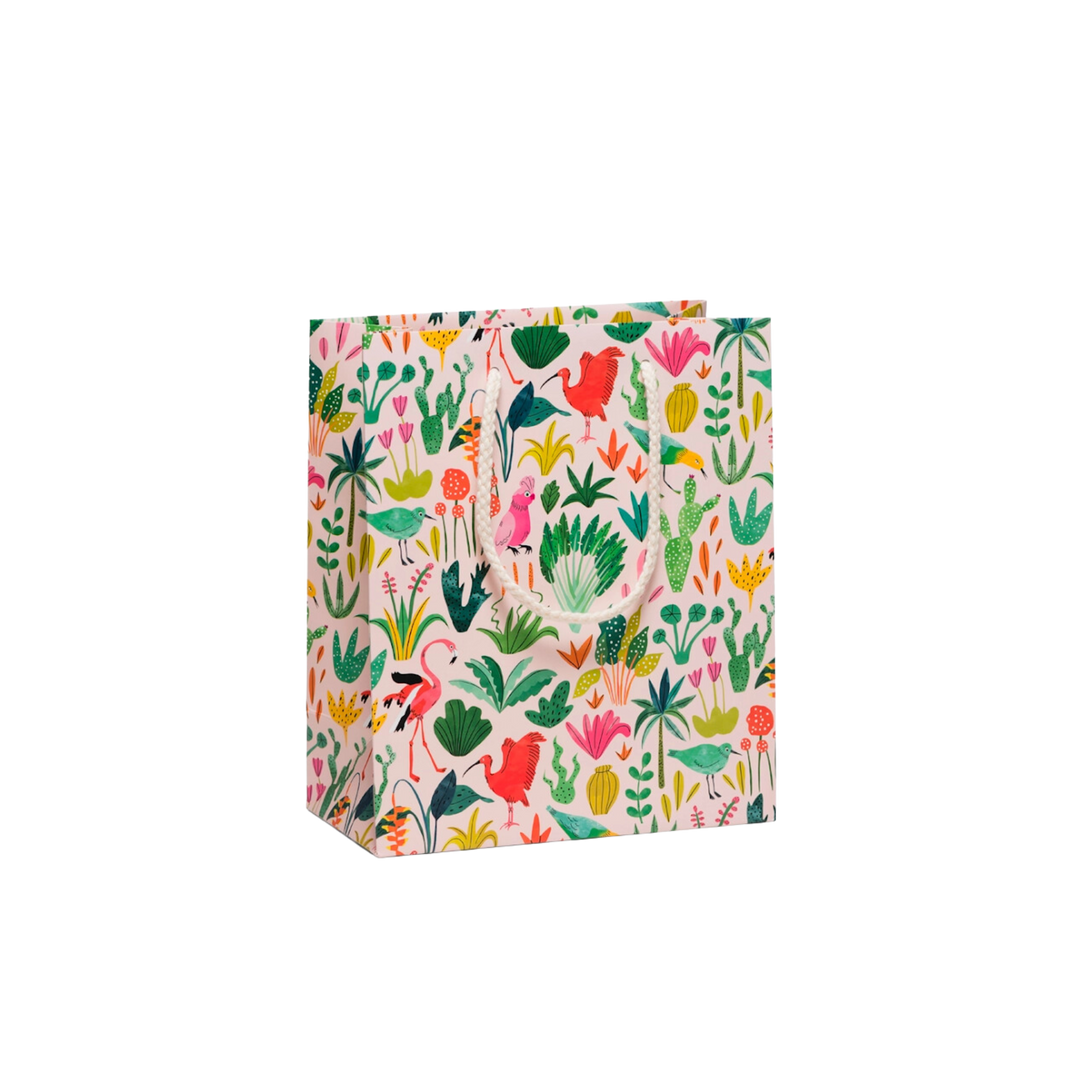 This Colorful Birds Gift Bag has dimensions of 8 x 4 x 9.5 in and features a heavyweight coated paper construction with a cotton rope handle, illustrated by Bodil Jane.