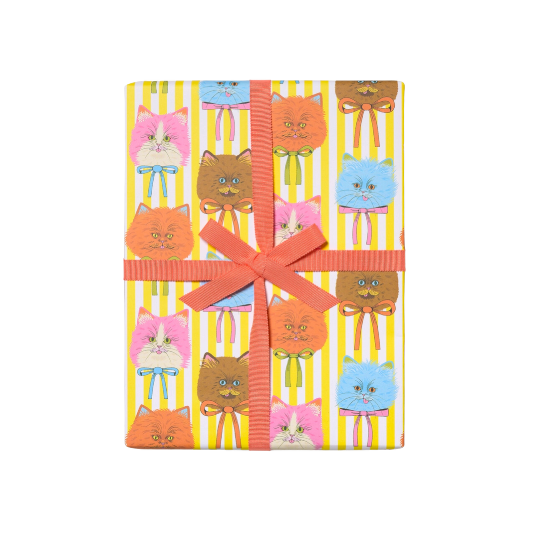 Cat face Illustrations on white and yellow striped background. Three (3) 19 x 27 inch sheets of flat wrap, rolled and sealed together. Illustrated by Krista Perry. Printed in USA, on recycled paper.