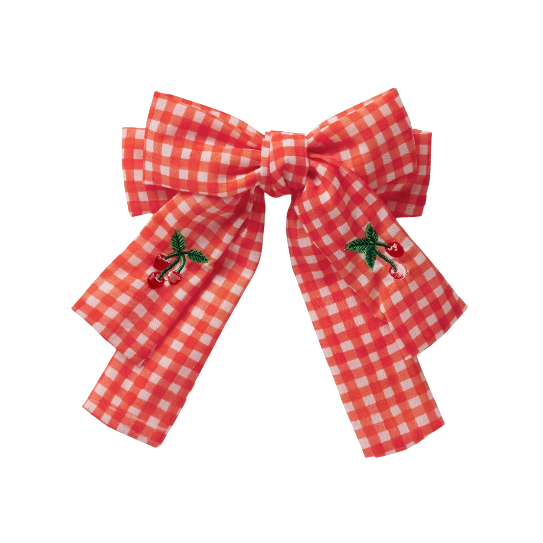 Gingham Cherries Embroidered Hair Bow