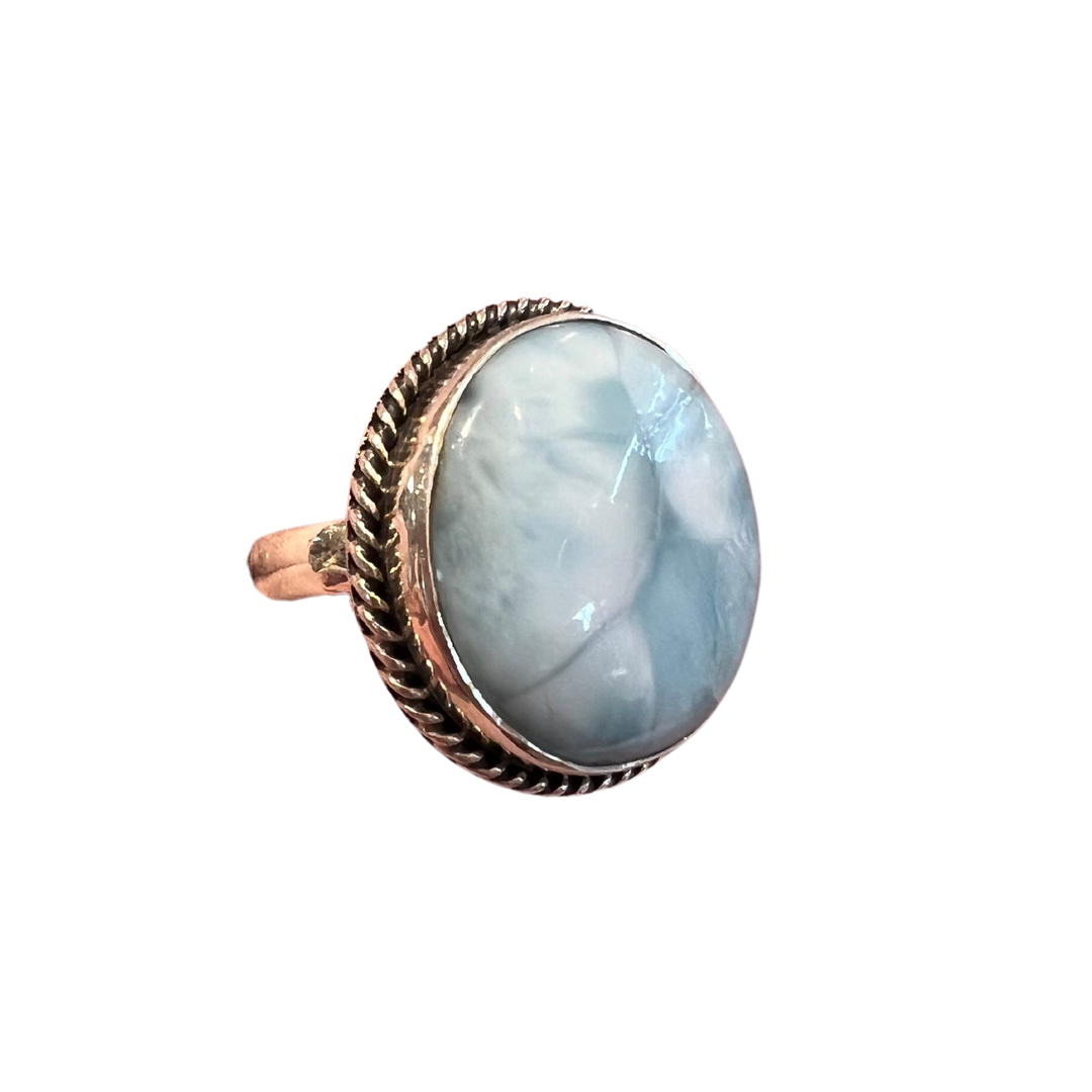 Circle Larimar 925 Sterling Silver Ring - Size 7
