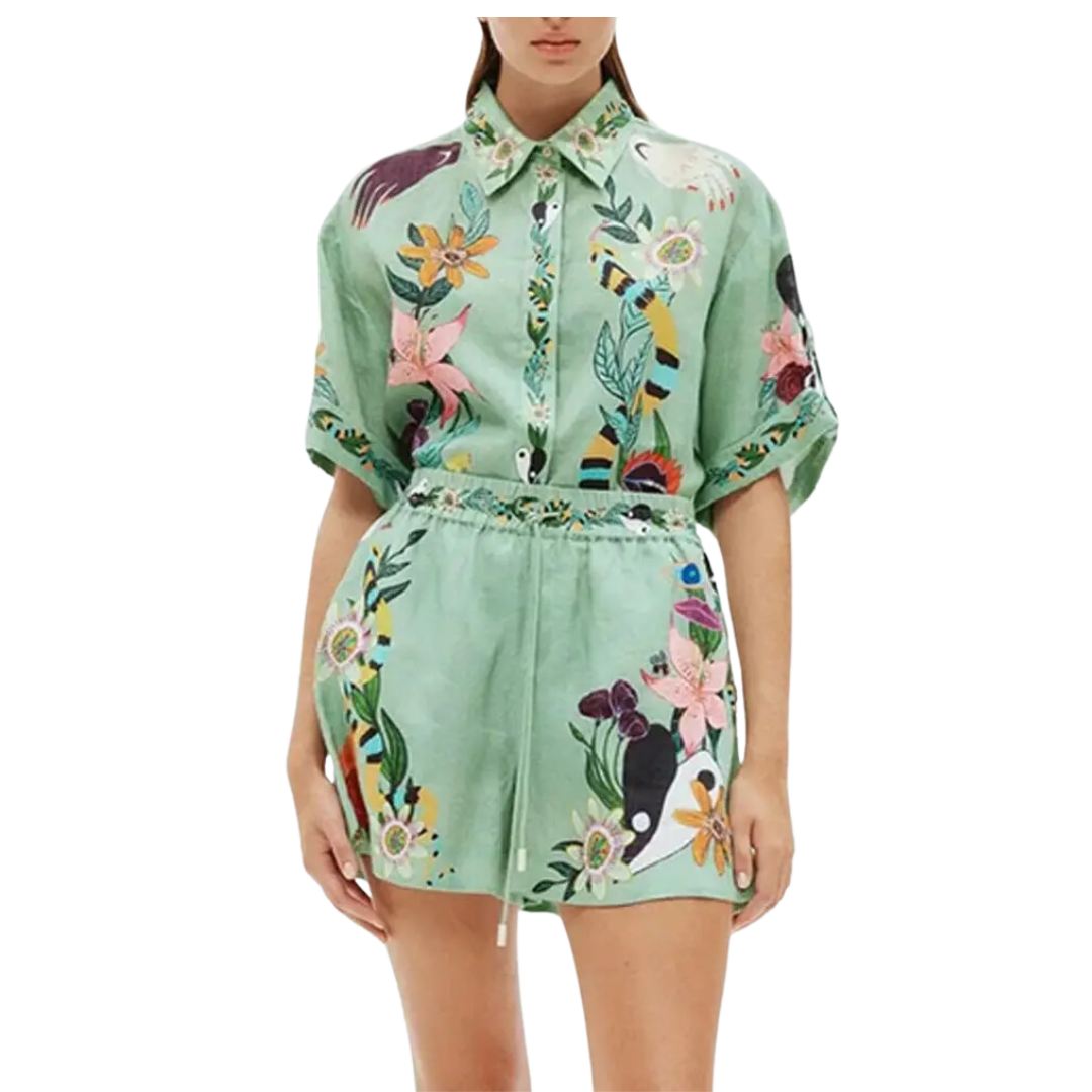 Vintage Print Shirt Shorts Casual Two-Piece Set