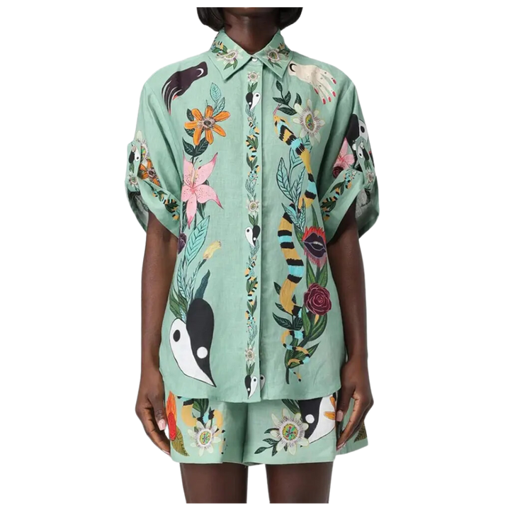Vintage Print Shirt Shorts Casual Two-Piece Set