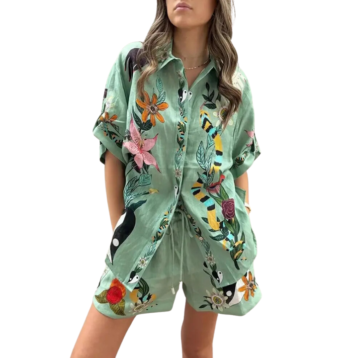 Vintage Print Shirt Shorts Casual Two-Piece Set