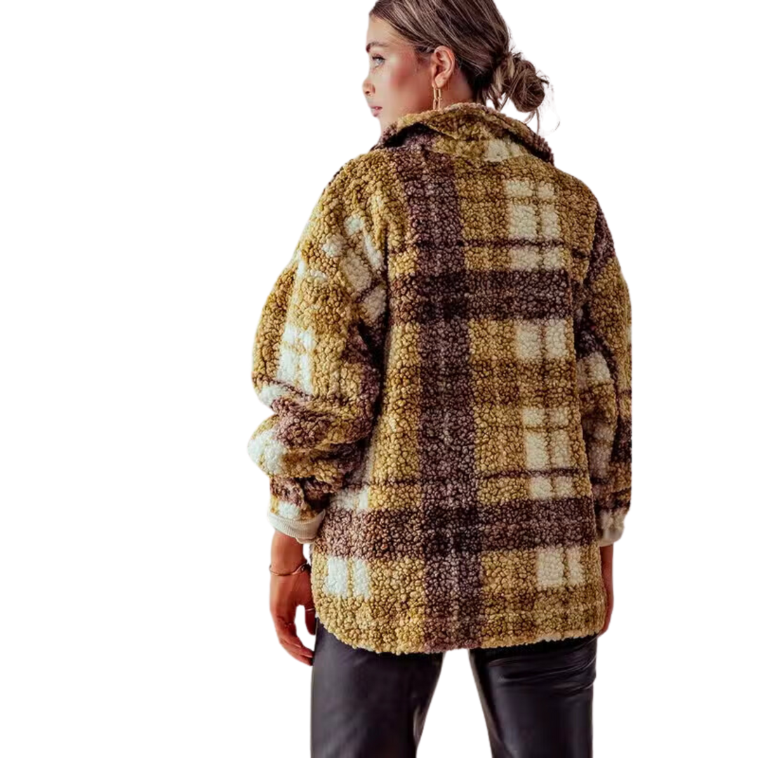 Oversized Sherpa Plaid Jacket - Olive