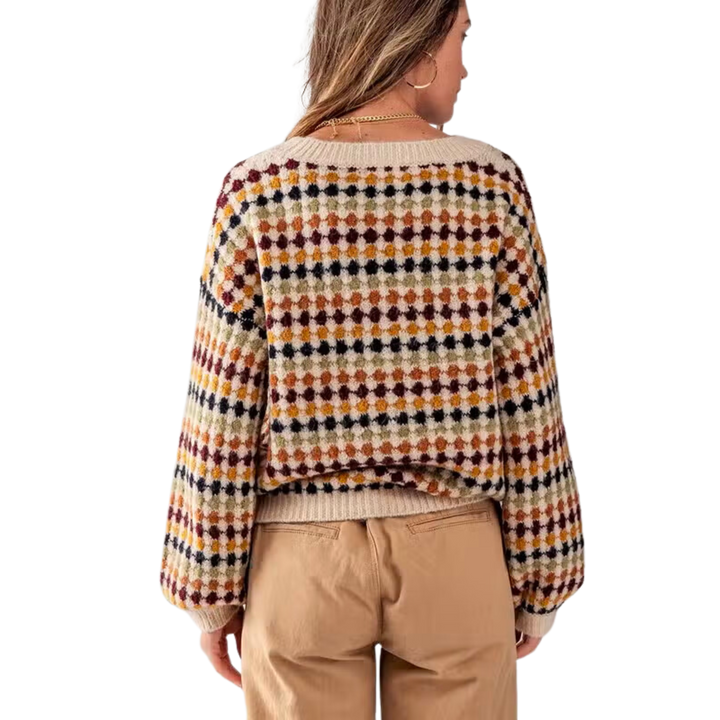 Crew Neck Multicolor Pattern Knit Sweater - Cream