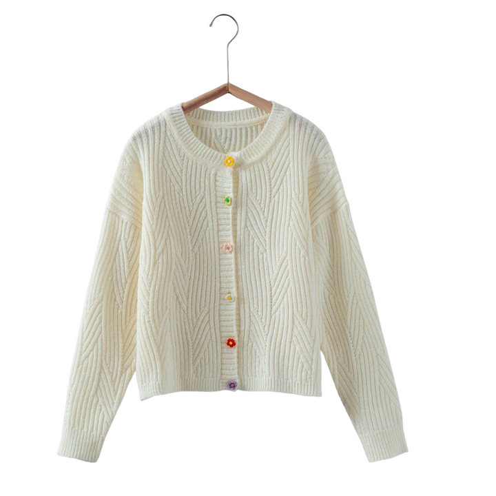 Flower Button Textured Knit Cardigan