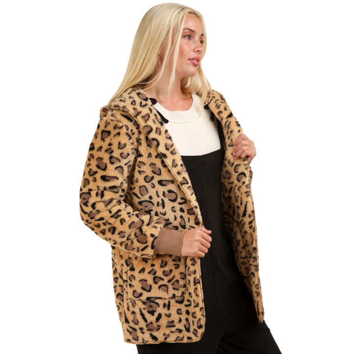 Oversized Faux Fur Hooded Print Jacket