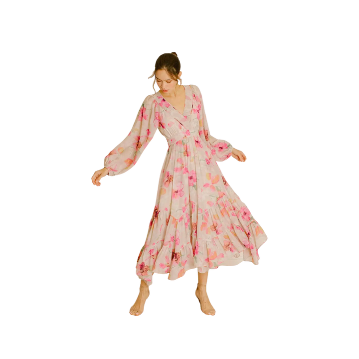 Large Floral Wrap Bow Midi Dress