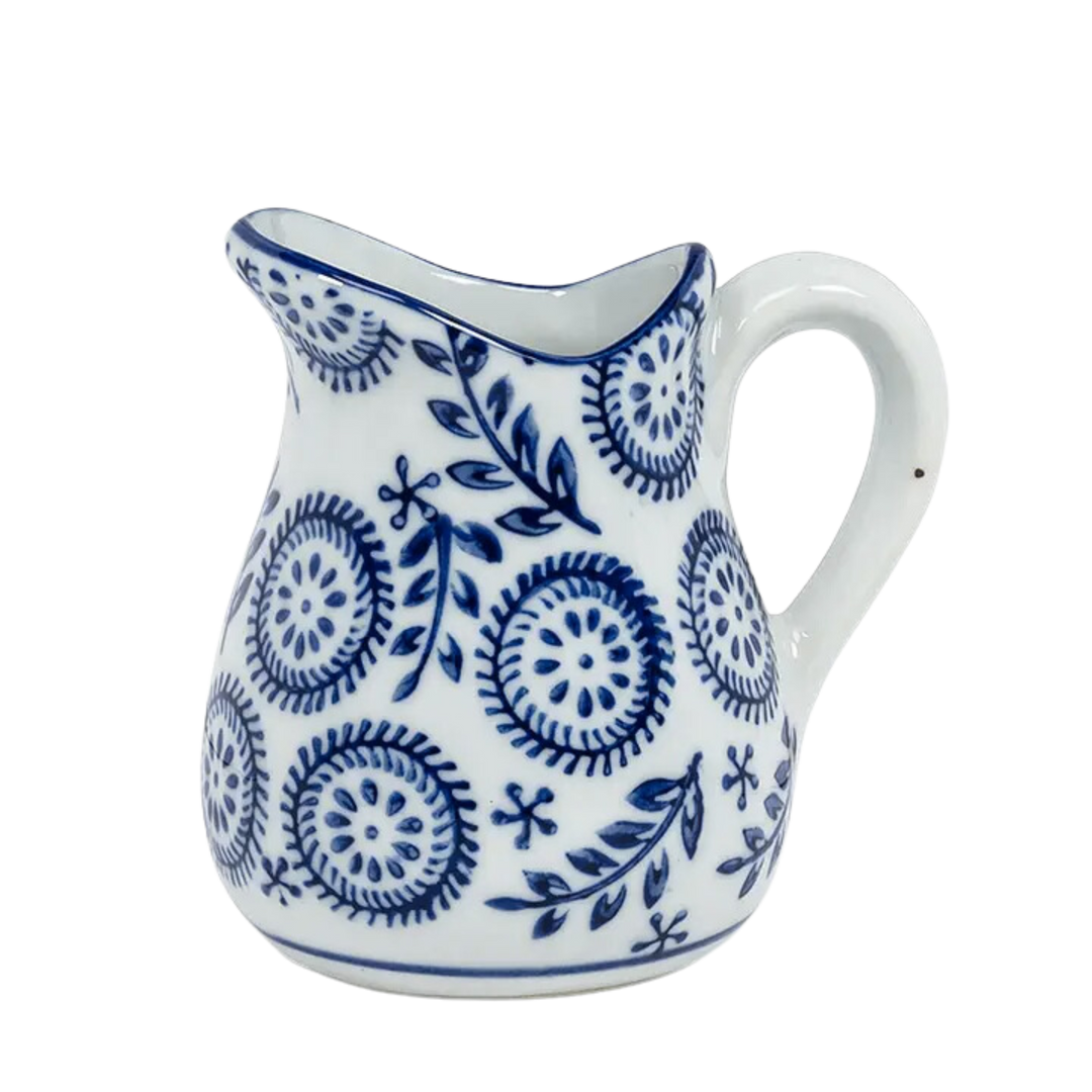 Blue and White Handled Pitcher