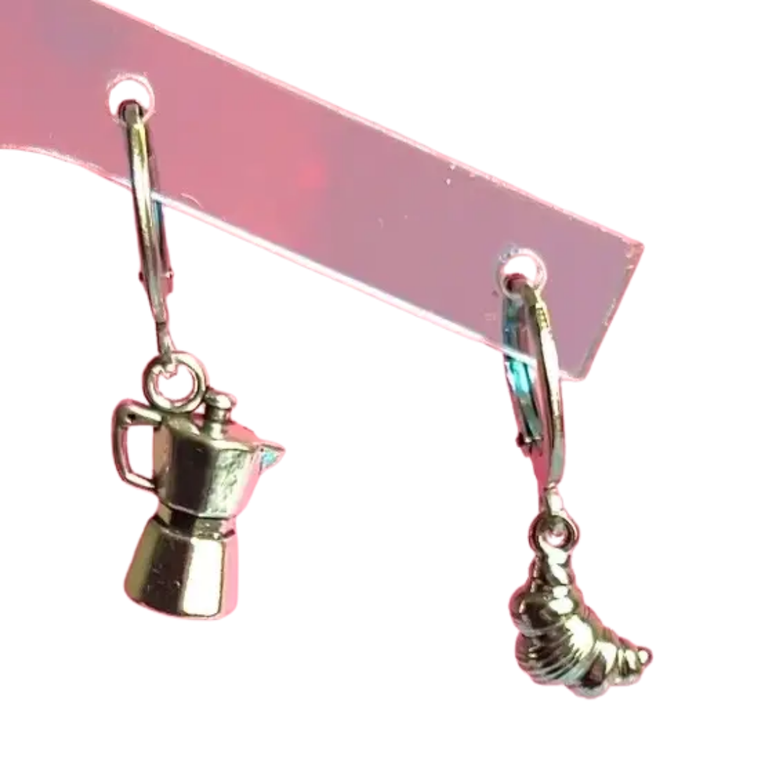 Silver Moka Pot and Croissant Hoop Earrings