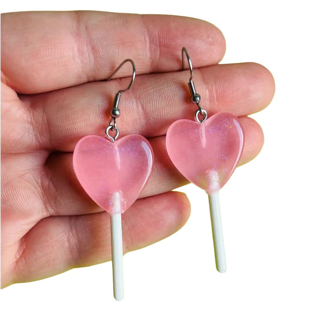 Pastel Glittery Heart Lollipop Earrings