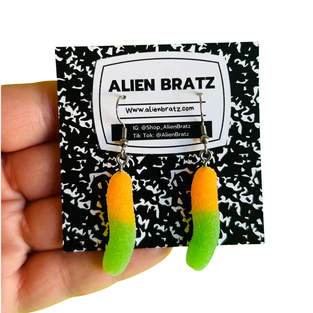 Green and Orange Sour Candy Worm Earrings
