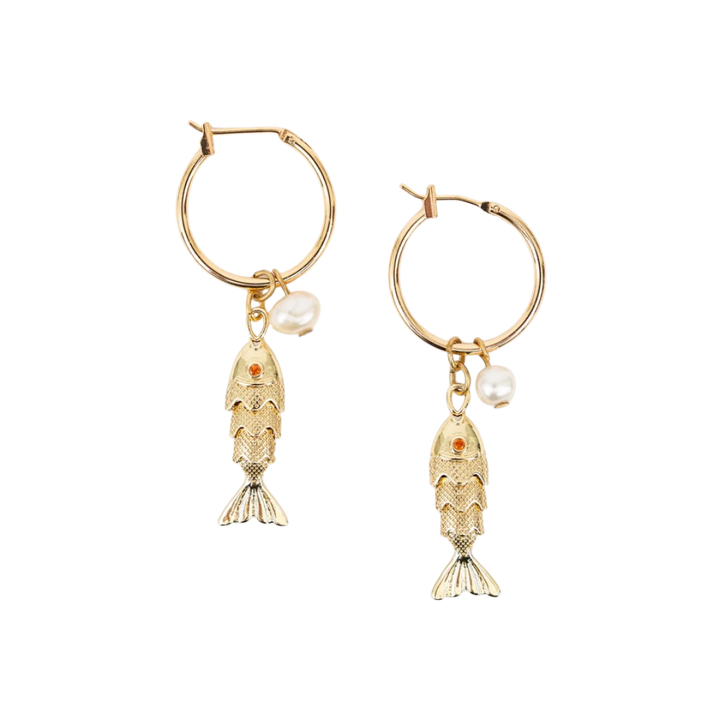 Fish and Pearl Hoop Earrings