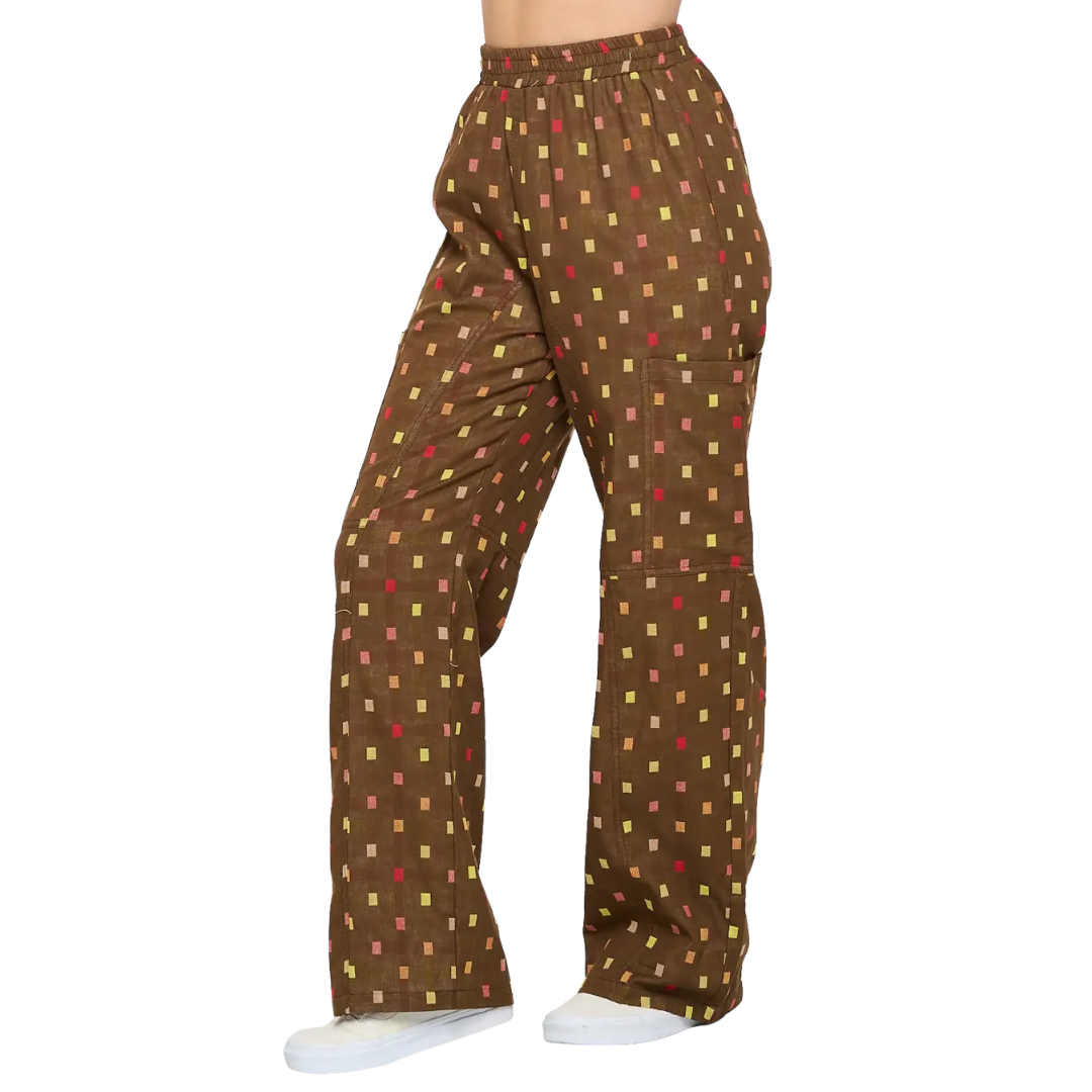 Polka Square Print Cotton Pants - Brown