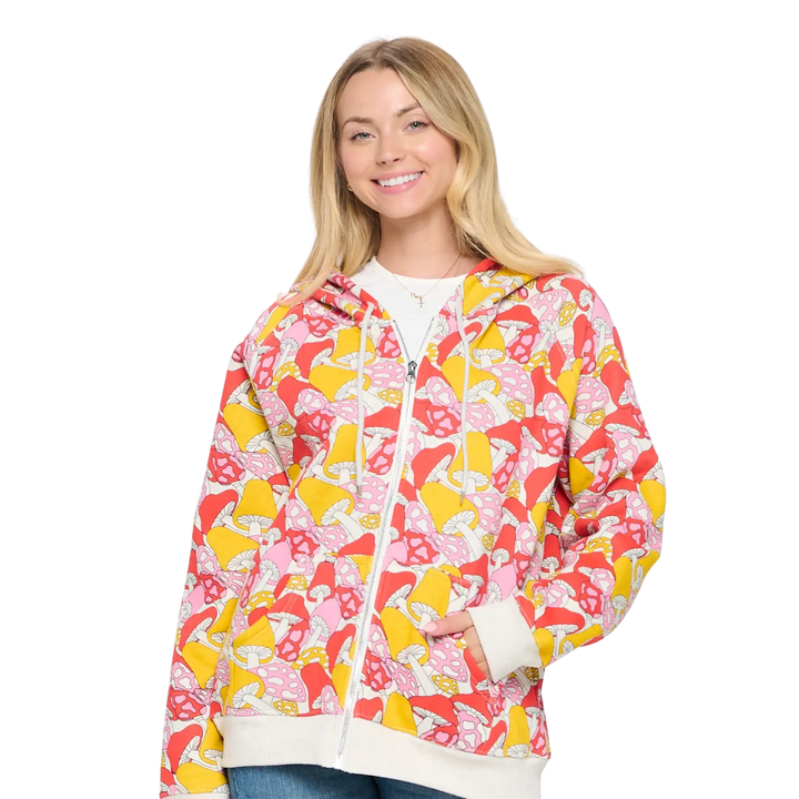 Colorful Wild Mushroom Print Zip Up Hoodie