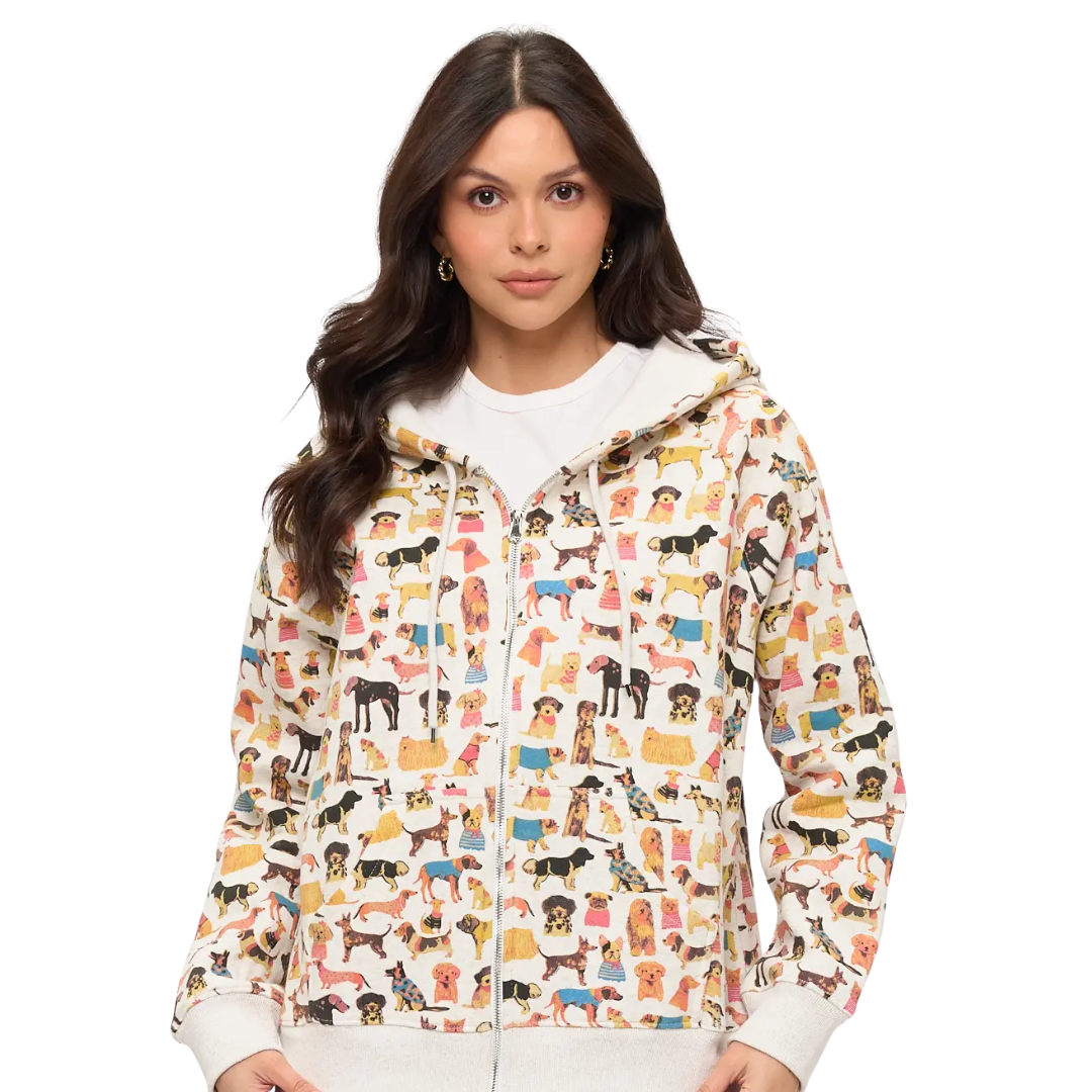 Colorful Dog Breeds Print Zip Up Hoodie