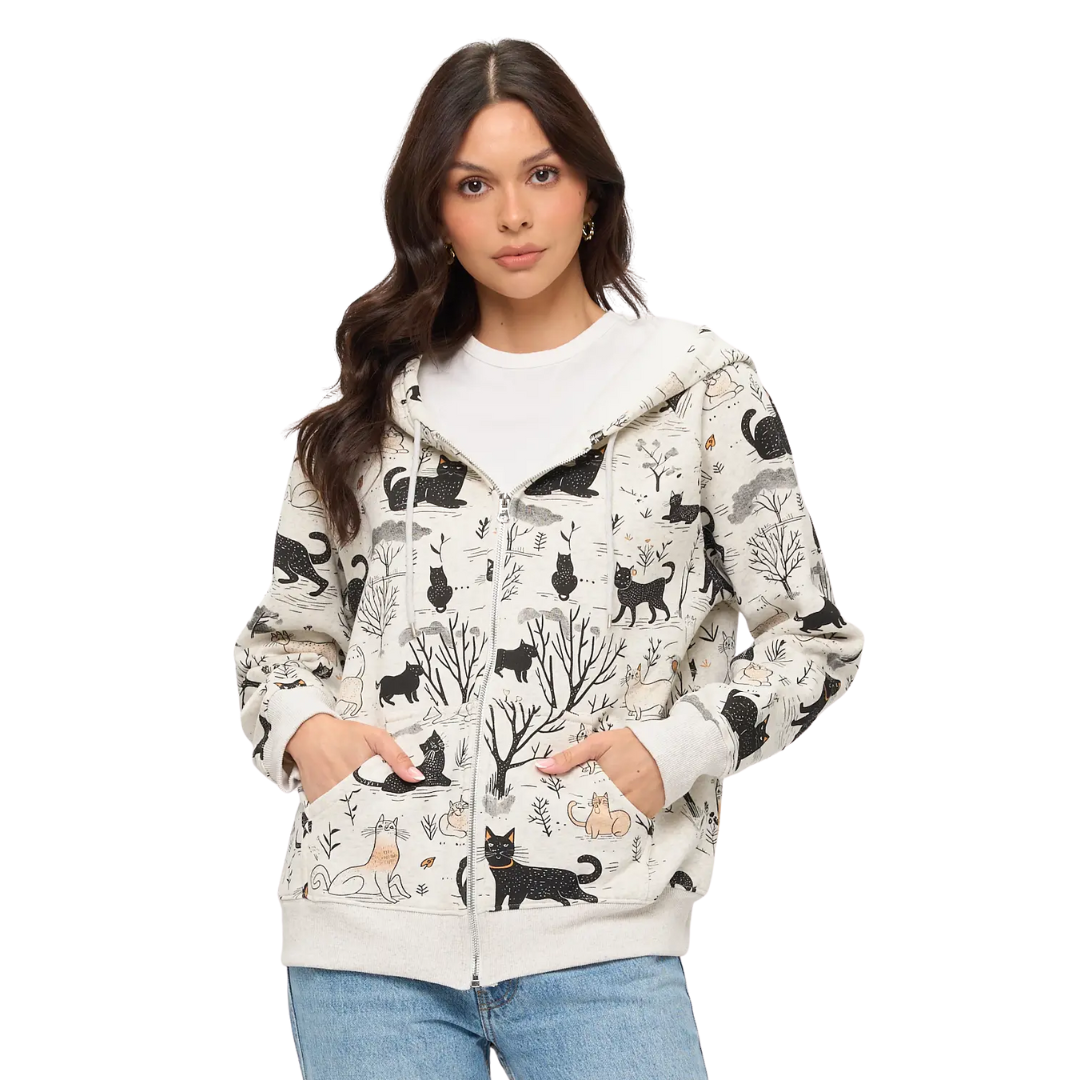 Whimsical Cat Forest Print Zip Up Hoodie