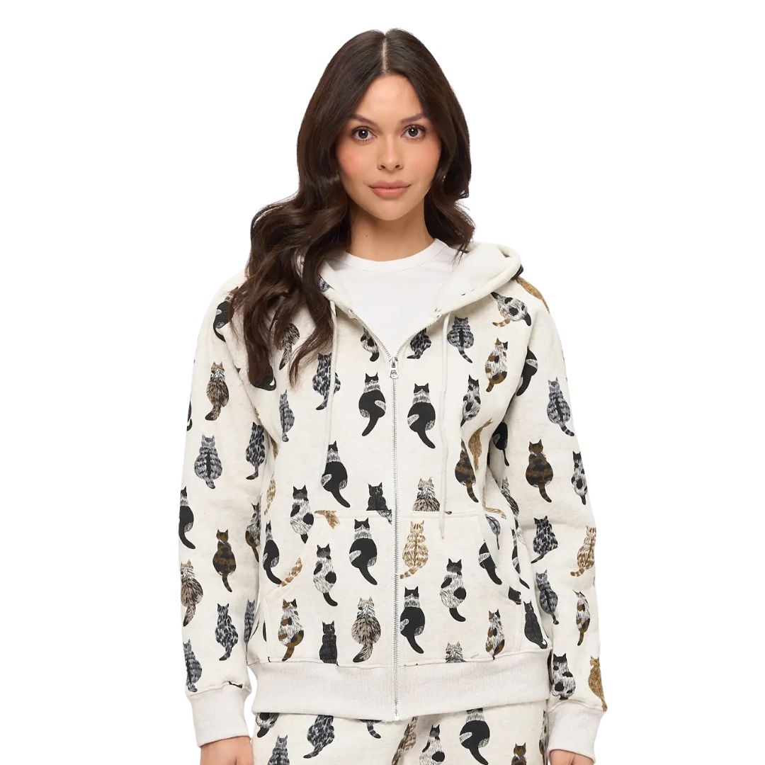 Whimsical Cat Tails Print Zip Up Hoodie