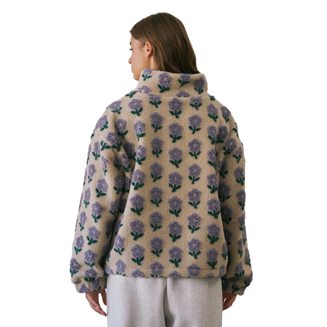 Floral Textured Sherpa Half-Zip Pullover - Lavender
