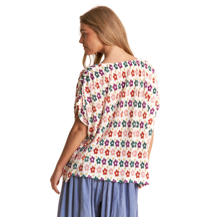 Multicolor Floral Print Plisse Short Sleeve Top