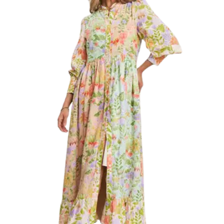 Floral Print Madarin Neck Line Midi Dress: Garden Dream