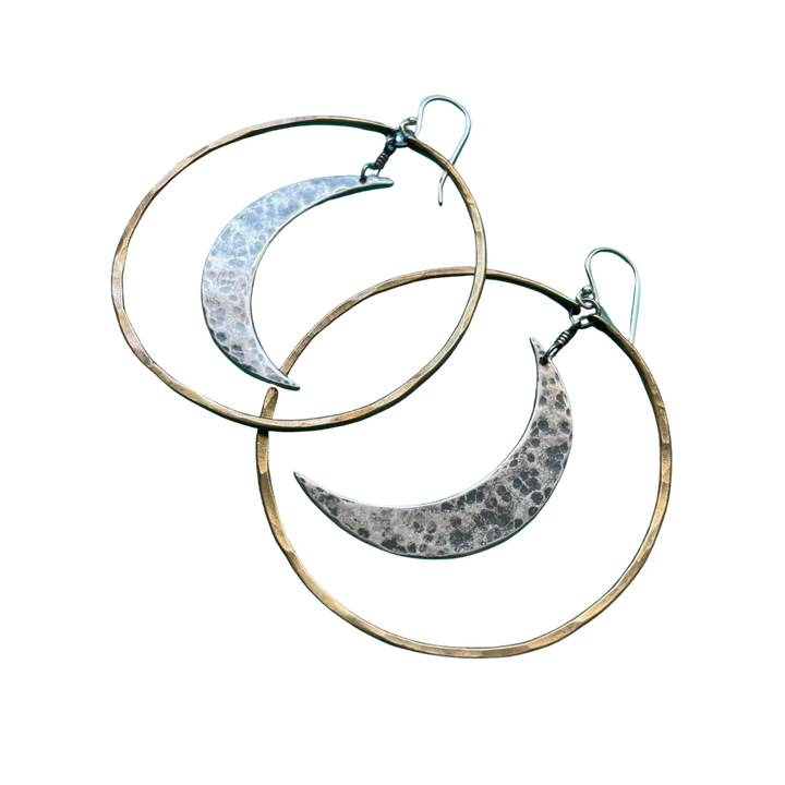 XL Brass Hoops with Silver Moons