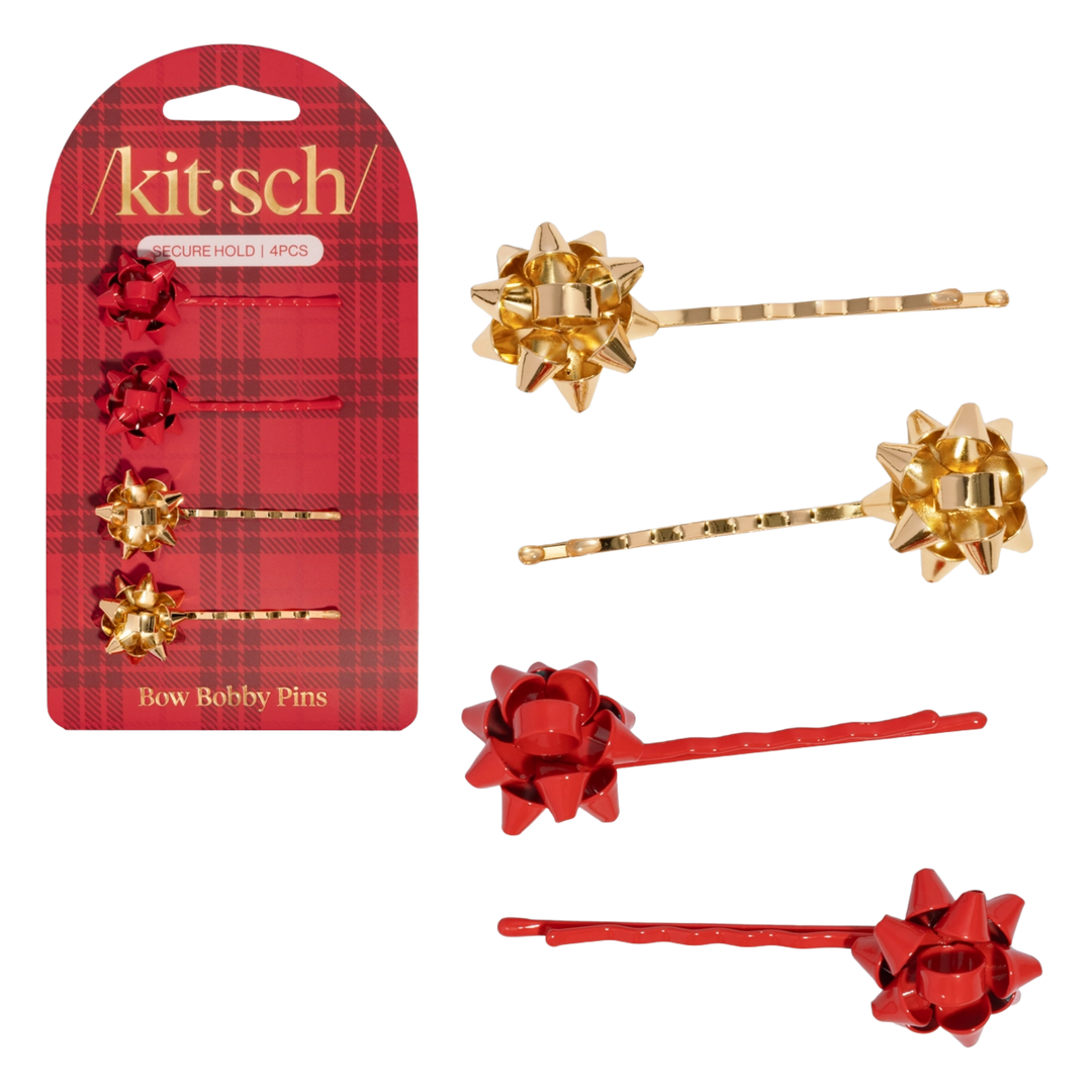 Metal Gift Bow Bobby Pin 4pc Set - Red & Gold