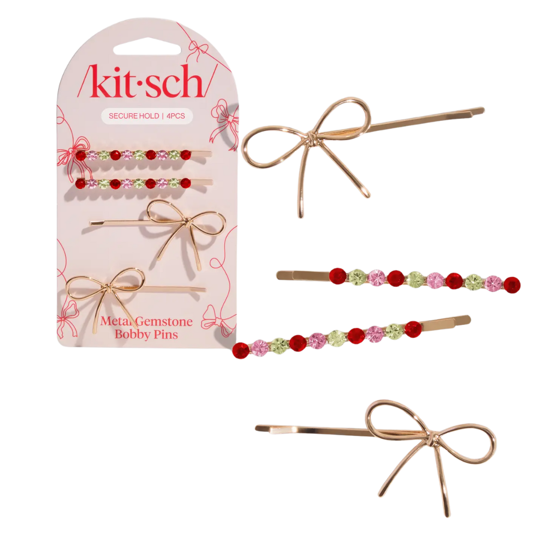 Holiday Gemstone and Bow Bobby Pins 4pc Set