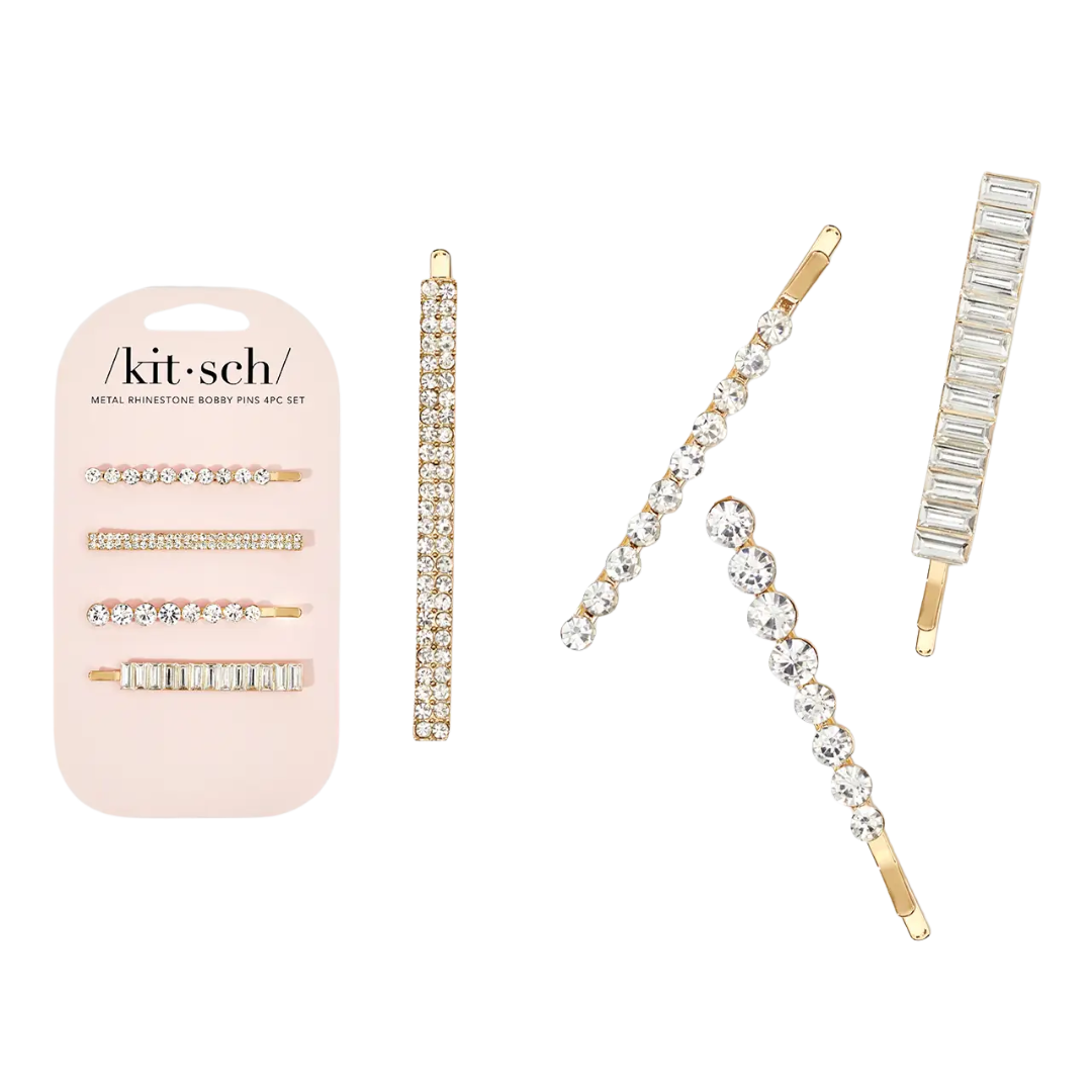 Metal Rhinestone Assorted Bobby Pins 4pc Set - Gold