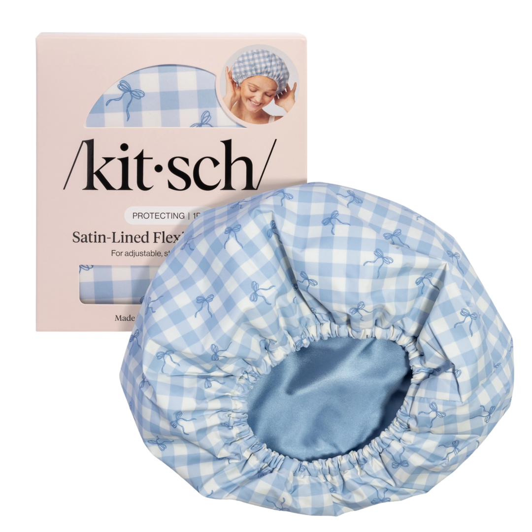 Satin-Lined Flexi Shower Cap - Gingham Blue