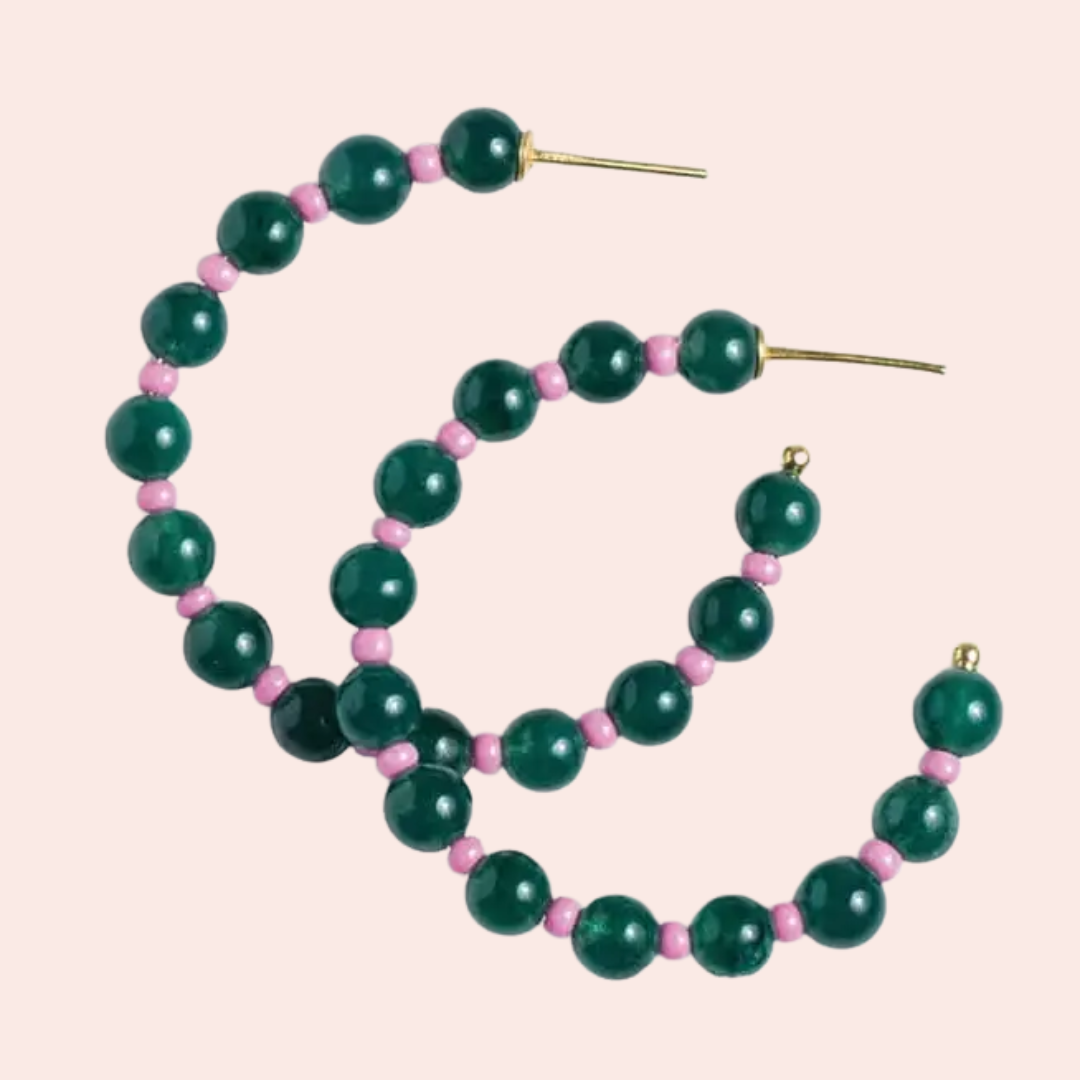 Angela Round Stone & Seed Bead Hoop Earrings