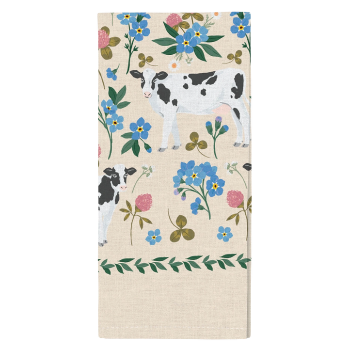 Milk Cows Folk Floral Tea Towel