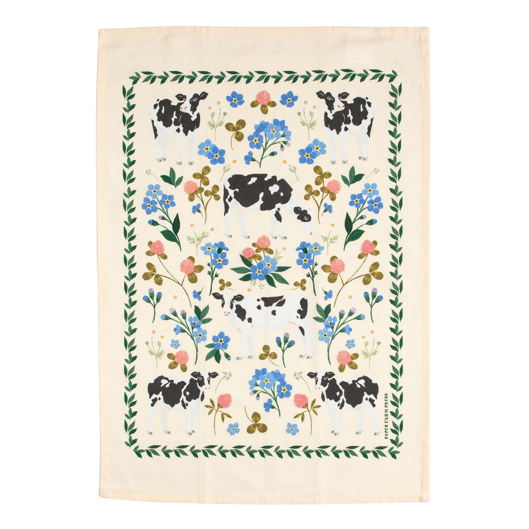 Milk Cows Folk Floral Tea Towel