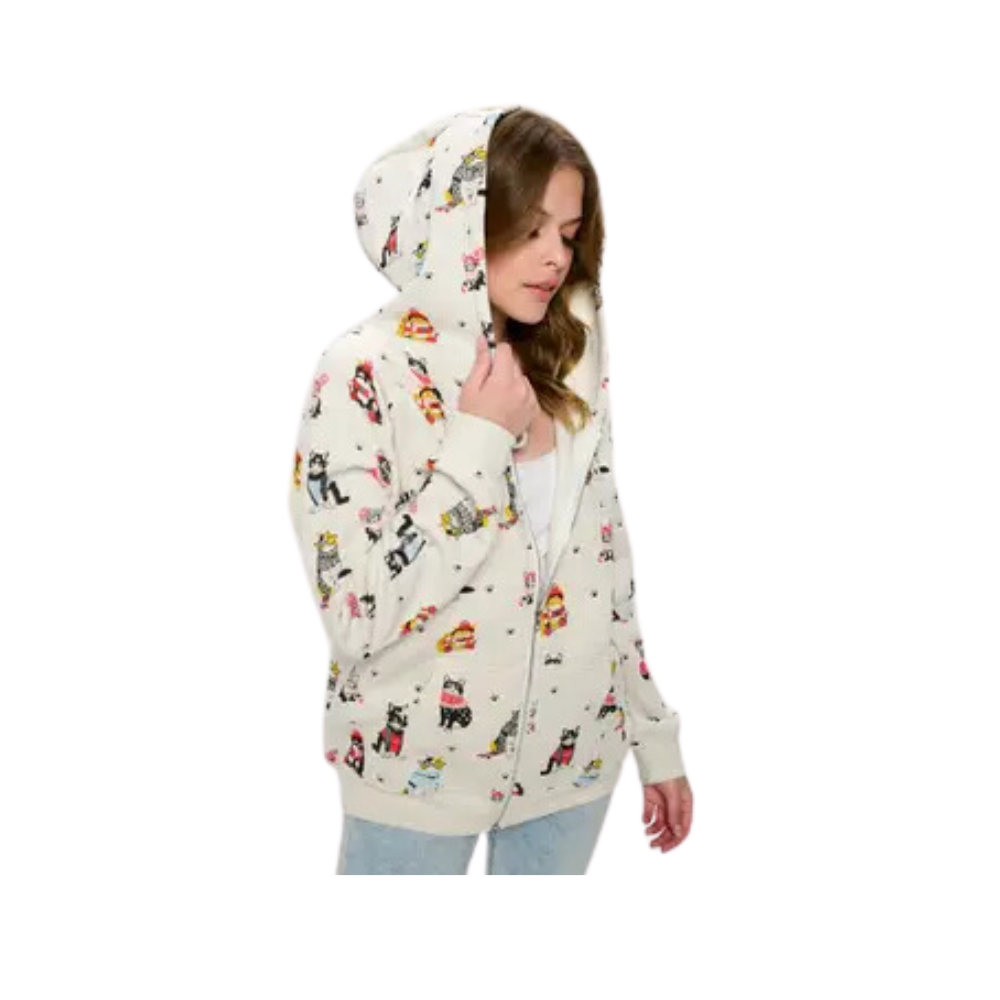 Winter Cats Print Zip Up Hoodie