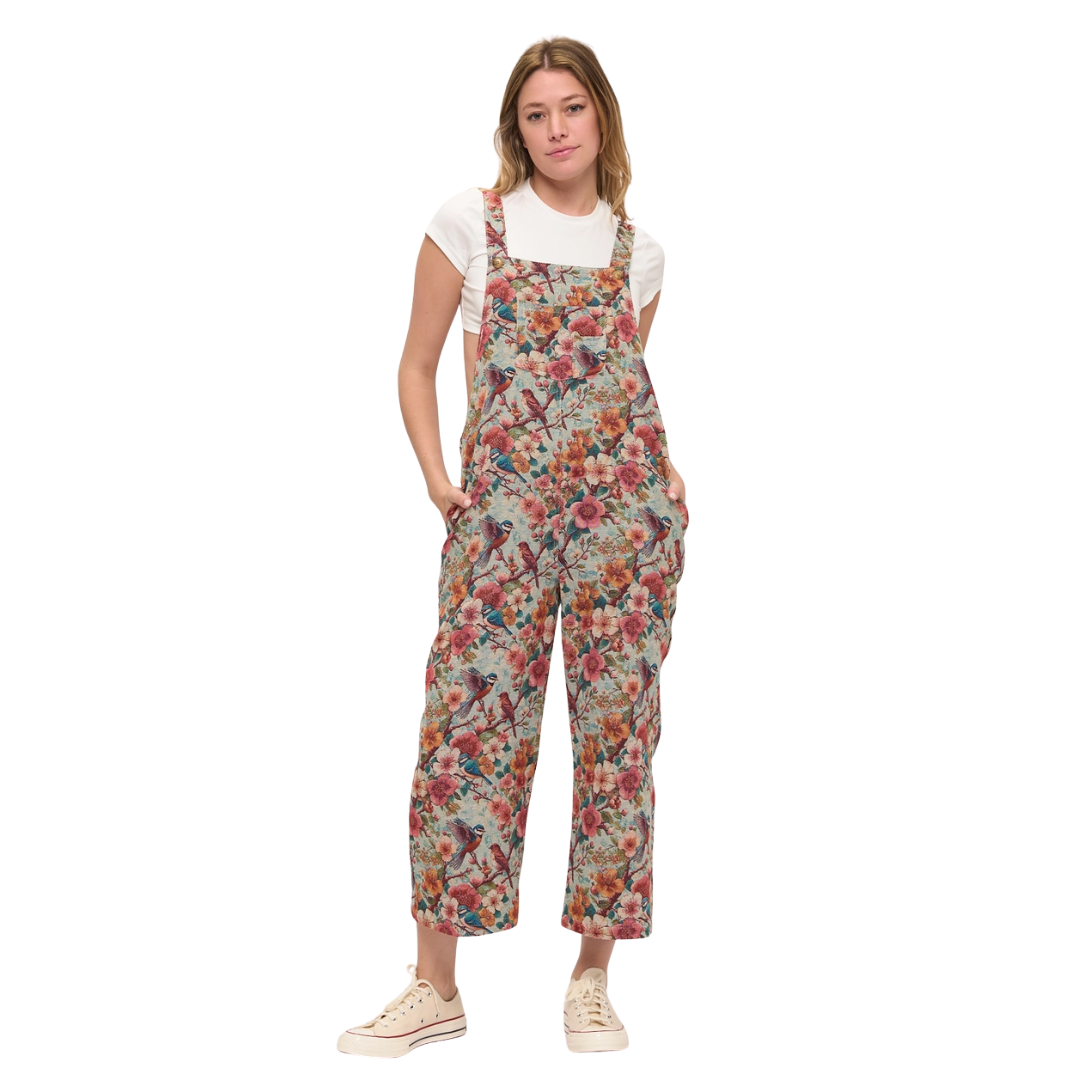 Vintage Floral Aviary Tapestry Overalls