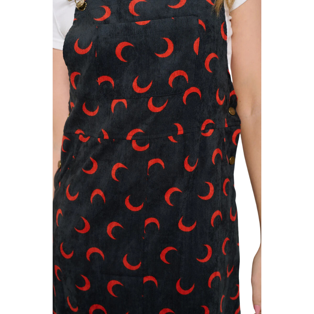 Half Moon Print Corduroy Dress- Red