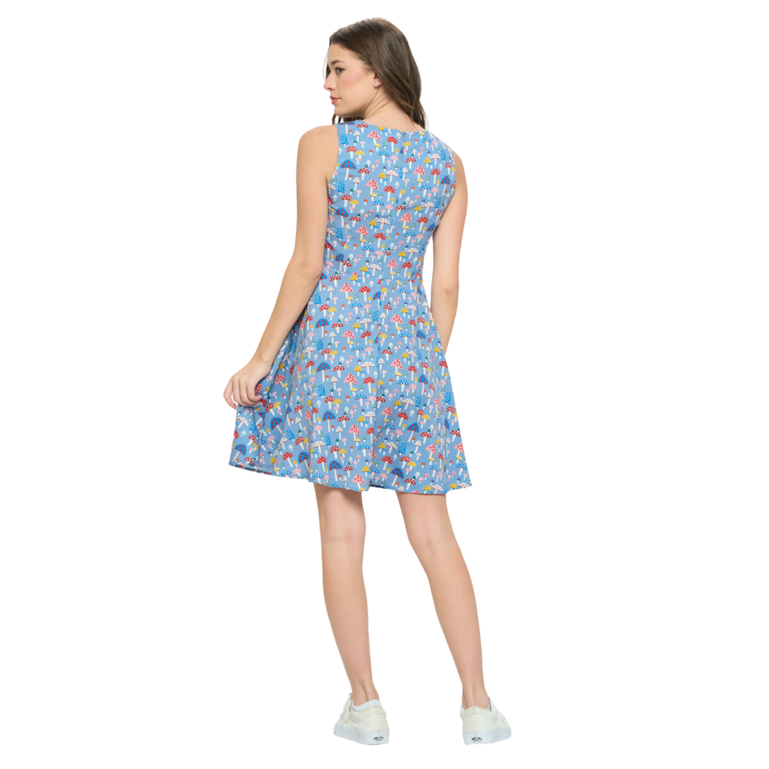 Colorful Mushroom Print V Neck Dress -Blue