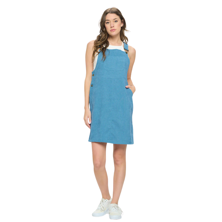 Square Neck Corduroy Dress with Pockets- Blue