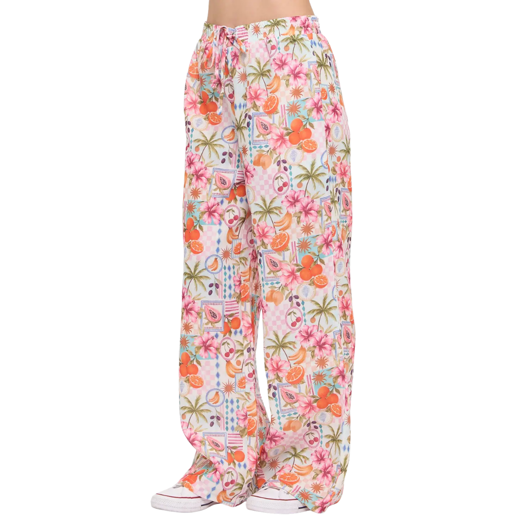 Tropical Fruits and Florals Wide-Leg Pants