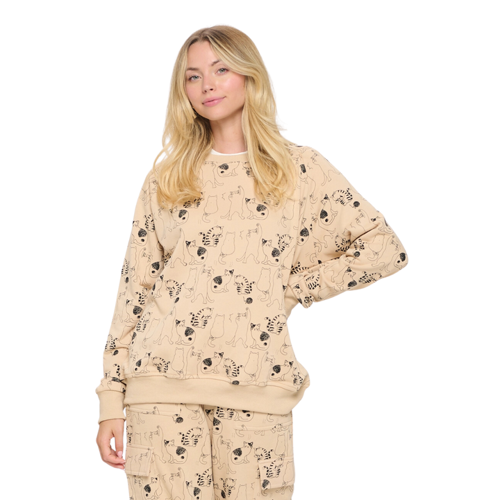 All Over Cat Print Cotton Sweatshirt